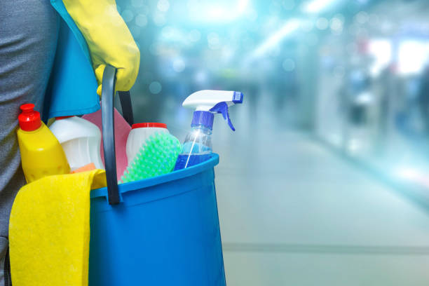 Leistungen cleaning lady with a bucket and cleaning products on blurred background .