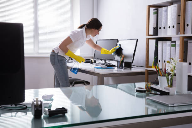 Leistungen young woman cleaning computer with rag in office